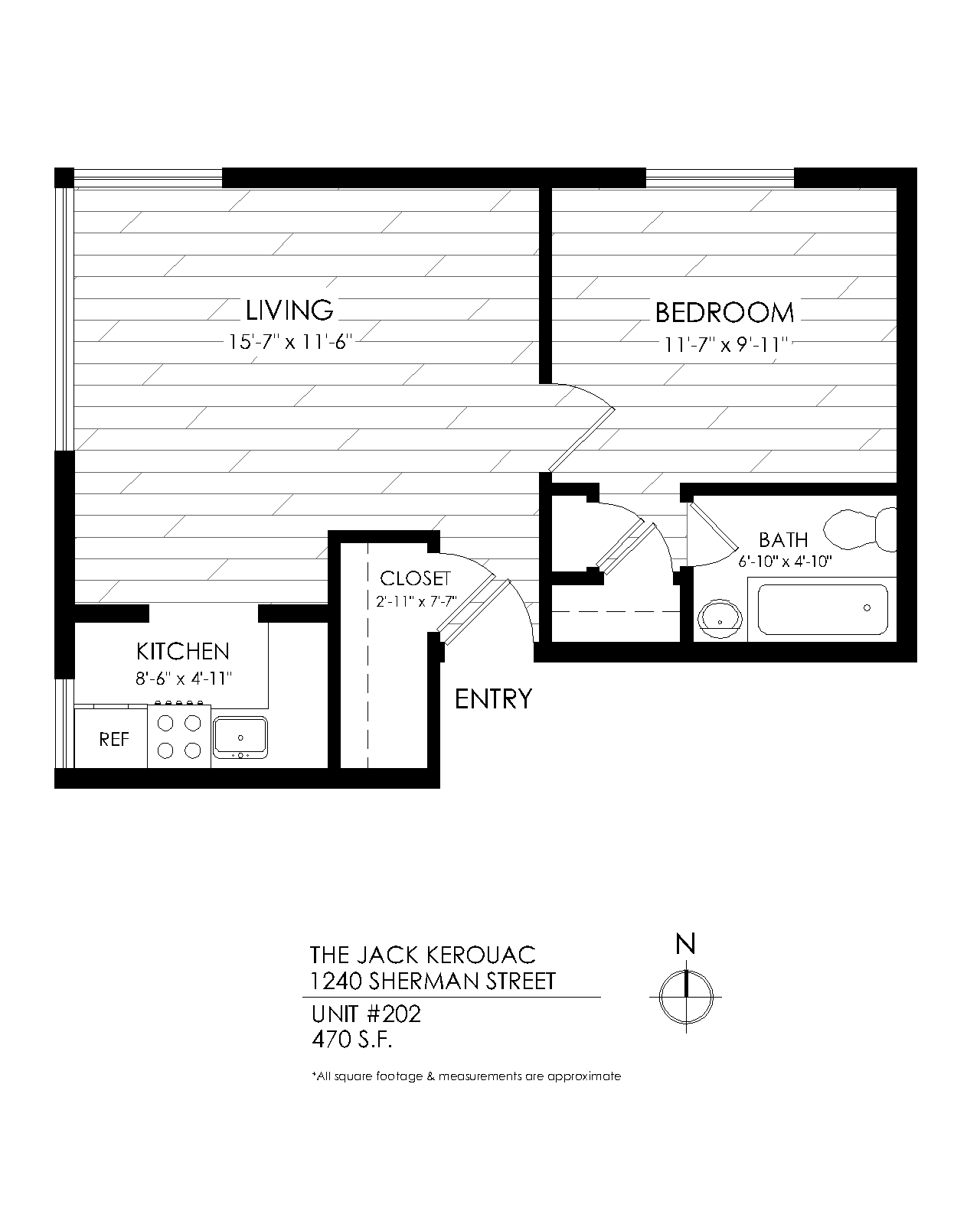 Floor plan for 1 bed, 1 bath, 535 sqft